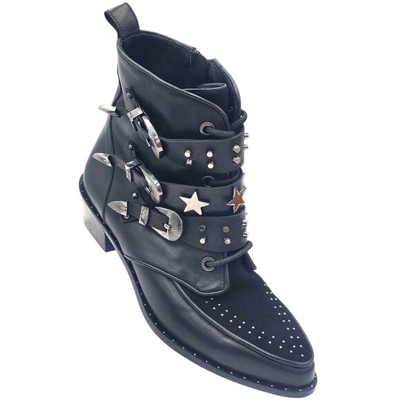 Italy Ivy Kirzhner Women's size 8 US Black Leather Silver Studded Ankle Boots 38